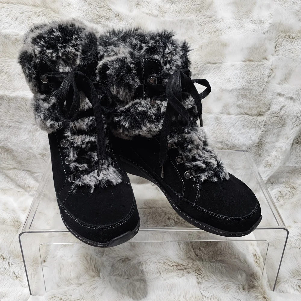 Aetrex Black Faux-Fur Lace-Up Winter Boots